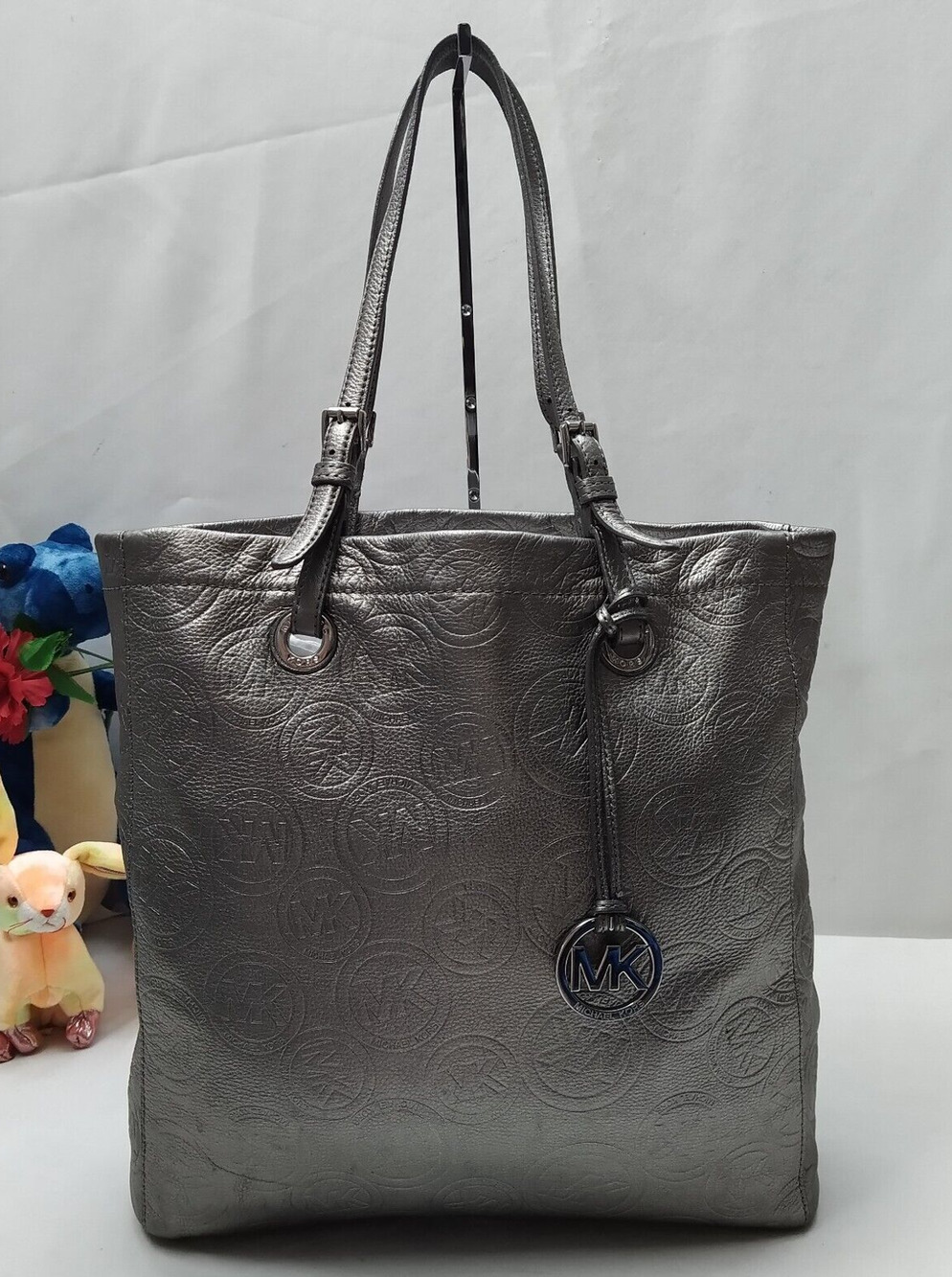 Michael Kors Jet Set Metallic Gray Leather Double Handles Tote Shoulder Bag